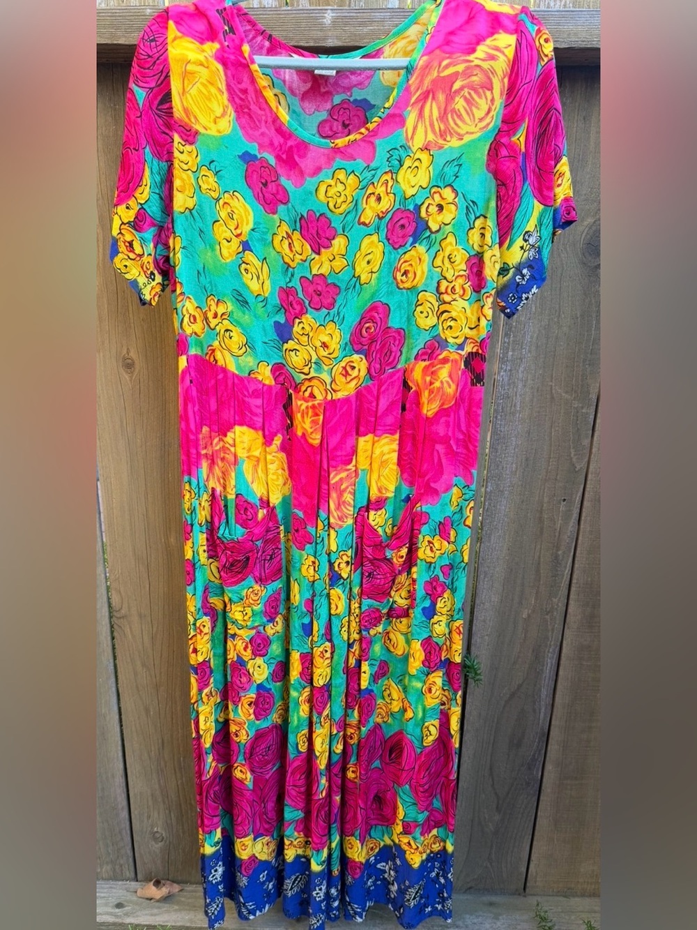 Vintage Globe Trotter Rayon Vibrant Floral Maxi Dress Teal, Hot Pink & Yellow L